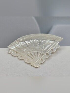 Vintage Mother of Pearl Fan Brooch Hand Carved Shell Pin 2” Handmade